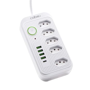 Extensão Tomada, Régua Tomada, Régua de Energia, 5 Tomadas, 4 Interfaces USB, 1 Porta USB Tipo-C, Cabo de Alimentação de 1,9 metros, Suporte a Tensão