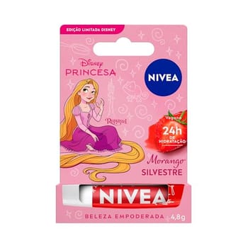 NIVEA Hidratante Labial Morango Silvestre Ed. Limitada Rapunzel Disney® Princesa 4,8g, Hidratação Intensa 24h, Cor Suave, Brilho Delicado, Manteiga de