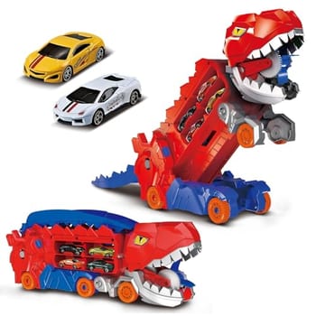 Caminhão Transportador Dinossauro T-Rex: Brinquedo Infantil com Pista de Corrida e Carrinhos (Vermelho)