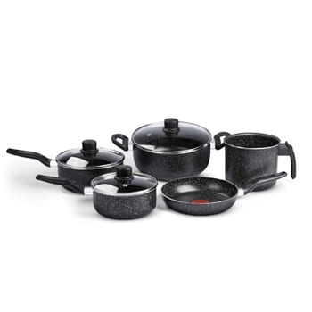 Jogo de Panelas Rochedo Stone Pro 5 peças, Preto com Efeito Pedra e Antiaderente Minerium, Cabos Ergonômicos, Base de Limpa Fácil e Distribuição
