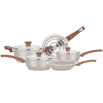 Conjunto de Panelas Vanilla Cerâmica 5 Peças – Antiaderente Cerâmico | 18cm, 20cm, Caçarola 22cm, Frigideiras 22cm e 24cm | Tampas de Vidro, Cabos