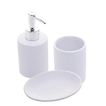 LYOR - Conjunto 3 Peças para Banheiro de Cerâmica Lille Branco - 1 Porta Sabonete Líquido, 1 Saboneteira e 1 Porta escova de dentes