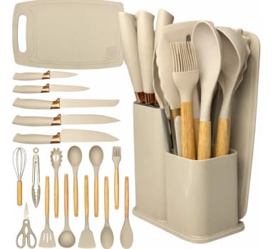 Kit Utensílios Silicone C/ Cabo De Madeira E Facas Em Inox