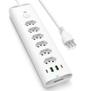 Extensão de Tomada Filtro de Linha 6 Tomadas Com Proteção Sobrecarga, 2 Portas USB e USB-C, Cabo de Alimentação de 2 Metros, 110-220V, Potência de