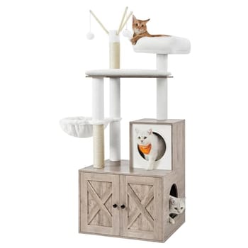 Feandrea WoodyWonders Árvore para Gatos com Gabinete para Caixa de Areia, Arranhador Moderno 2 em 1, Torre para Gatos com Condo, Pompons Removíveis
