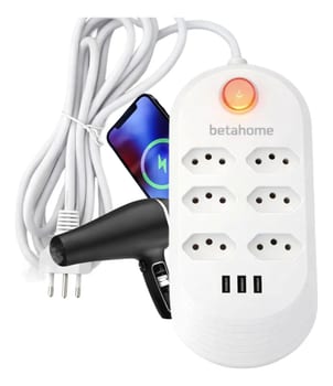 Filtro de Linha Betahome com 6 Tomadas e 3 USB para 2500W Bivolt