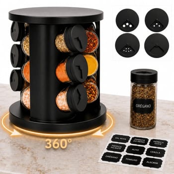 Porta Temperos Condimentos 9 Potes De Vidro Base Giratória 360° 9 Etiquetas Adesiva Organizador Cozinha Dosador Suporte Bancada Mesa Orégano Sal