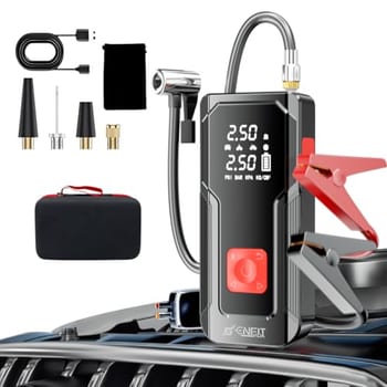Auxiliar de Partida Veicular Portátil 1500A 4 em 1, Compressor de Ar 150PSI, Power Bank 10000mAh com Carregamento Bidirecional, Lanterna LED e Display