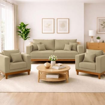 Kit 2 Poltronas Living + Sofá 3 Lugares Base Madeira Suede Cor:capuccino