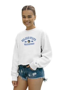 Blue 84 Moletom feminino padrão NBA oficialmente licenciado cropped gola redonda clássico branco