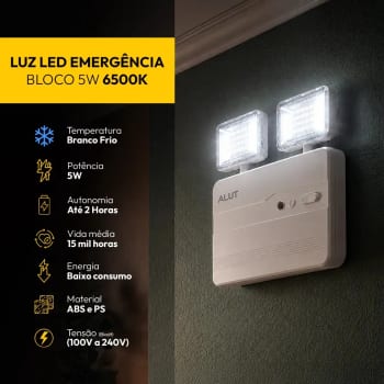 Luminária de Emergência Bloco LED 5w 1200 lm Bivolt com Autonomia de 4h 6500k Branco Frio Para Parede e Teto Cod: ALUT000802 Alut by Avant