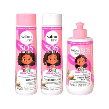 Salon Line, SOS Cachos, Kit Shampoo + Condicionador + Creme de Pentear, Kids Hidratação, Veganos - Para Cabelos Ondulados, Cacheados e Crespos, 300 ml