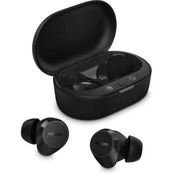 Fone de ouvido sem fio TWS Philips TAT1209BK/00 na cor preto, com bluetooth, microfone, tecnologia IPX4 e 18 horas de reprodução.