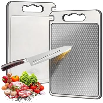 Tábua de Corte para Cozinha Dupla Face Aço Inoxidável e PP, Superfície Higiênica para Carnes, Frutas e Vegetais, Afiador Integrado, Base
