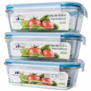 House Organizer Conjunto Kit 3 Potes de Vidro Hermetico com Tampa 1040ml