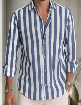 Camisa Masculina De Manga Comprida Com Botões E Listrada