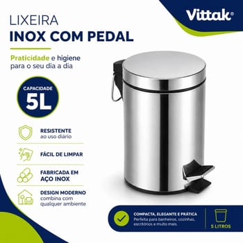 Vittak Lixeira 5 Litros De Aço Inox Redonda Cesto Balde Banheiro Casa Lixo Cor Cinza