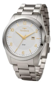 Relógio Technos Masculino Steel Prata Quartz Aço Inox Com Calendário