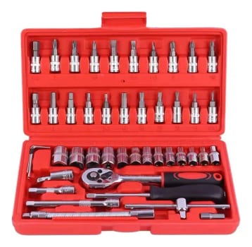 Kit Ferramentas 46 Peças Com Soquetes e Chaves Para Carro e Casa Vermelho