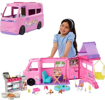 Veículo Barbie Camper dos Sonhos Mattel. Trailer com 7 áreas de lazer, mais de 60 acessórios para aventuras de acampamento. Para crianças a partir dos