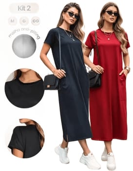 Kit 2 Vestido Midi Elegante Bolso Lateral Moda Comfy Casual