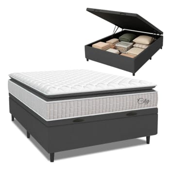 Cama Box Baú Colchão Casal Molas Ensacadas City Pillow Top 138x188x64cm Branco e Cinza Hellen Suporta até 110kg por Pessoa