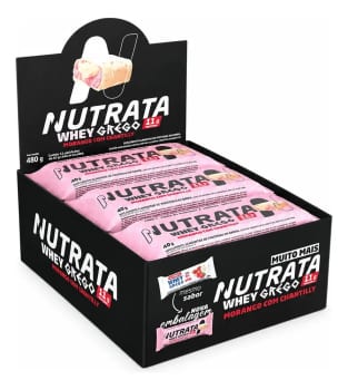 Barra Whey Grego 40g Display com 12 unidades Morango com Chantilly Nutrata