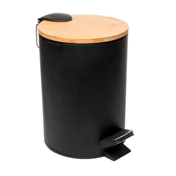 LYOR - Lixeira Redonda De Metal Com Pedal e Tampa Em Bambu Preta 3L
