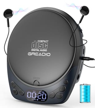 Greadio Leitor de Cd Portátil com Fones de Ouvido, Leitor de Cd Discman Recarregável para Carro E Casa, Pequeno Leitor de Cd Portátil com Função