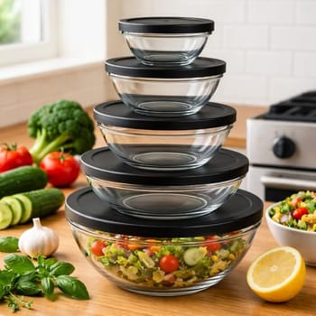 Conjunto de 5 Bowls de Vidro com Tampa Preta, Recipientes Herméticos para Alimentos, 140ml a 930ml, Transparente