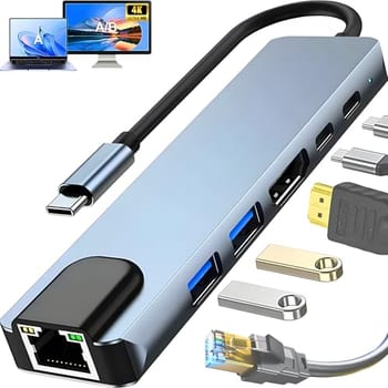 Hub USB-C 3.0 Extensor Adaptador Multifunções 6 em 1 - Estrutura Alumínio