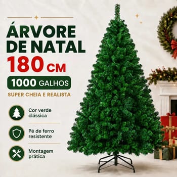 Árvore de Natal Verde Premium 180 cm com 1000 Galhos Cheios e Pé de Ferro Atelier Enovelada