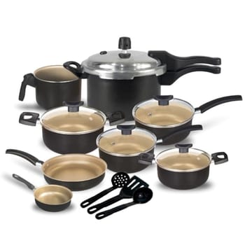 Jogo de Panelas Antiaderente, 11 Peças com Panela de Pressão 2.5L (Preto com Creme)