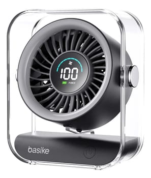 Mini Ventilador Portátil Basike de Mesa Recarregável Com Base e LED, Preto