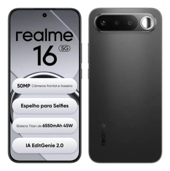 Smartphone Celular Realme 16 5g 256gb 12gb Ram Dual Sim Câmera De 50mp Lumacolor Image Espelho para Selfies Bateria 6550mah, Resistência à água Ip69