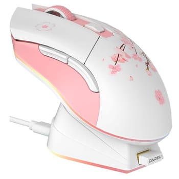DAREU Sakura Mouse rosa para jogos sem fio com base de carregamento recarregável RGB, 12K DPI, 6 botões programáveis, sensor de alta precisão [300IPS]