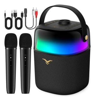 Caixa de Som Bluetooth Portátil PartyFree 80W de Potência com Karaokê, 2 Microfones Sem Fio, LED, Bateria 12h, Powerbank e IPX5 Preto StageSound