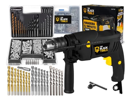 Furadeira De Impacto 13mm 750w Profissional Com Kit Brocas Buchas E Bits 300 Peças The Black Tools
