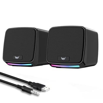 Alto-falantes RGB para PC, alimentação USB, conector de áudio de 3,5 mm, compacto, preto