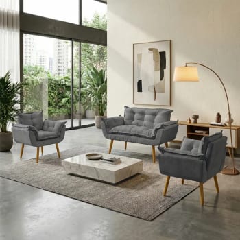Kit Namoradeira e 2 Poltronas Alice Decorativas Para Sala Recepção Consultório Escritório Manicure Suede Cinza