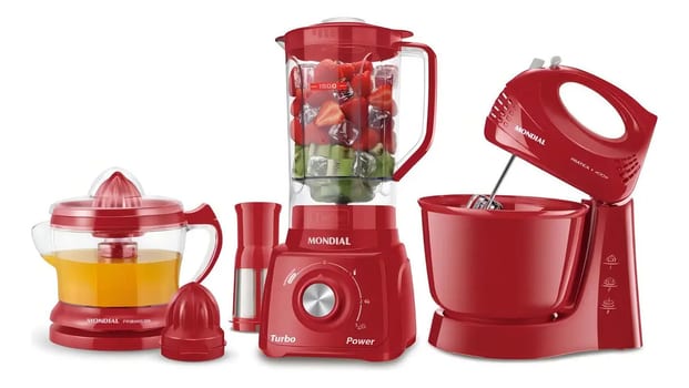 Conjunto Mondial Liquidificador Espremedor Batedeira Kt-105r Cor Vermelho Voltagem