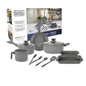 BLACK+DECKER JOGO DE PANELAS 9 PEÇAS CERAMIC LINE - CORPO COM REVESTIMENTO CERÂMICO ANTIADERENTE COM ACABAMENTO MARMORIZADO GREY MARBLE, BASE
