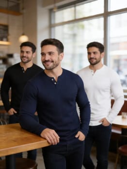 Kit 3 Camiseta Henley Masculina Slim 2 Botões Manga Longa