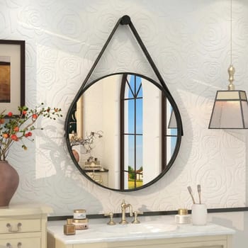 Espelho Redondo 60cm Adnet Alça de Couro Preto Dupla Costura e Suporte em Alumínio Quarto, Banheiro, Sala MF901