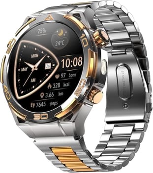 IOWODO Smartwatch Flagship - Detalhes em Ouro 14K, GPS, Bússola, Chamadas Bluetooth, AI com ChatGPT, 100+ Modos Esportivos, Monitor de Passos/Calorias