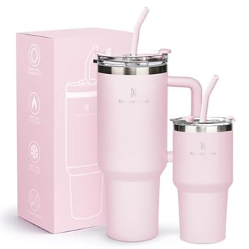Kit Copos Térmicos 1,18L + 591ml com Canudo, Tampa e Alça, Rosa Claro