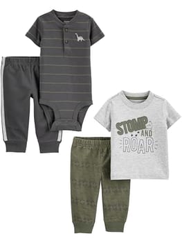 Simple Joys by Carter's Conjunto de 4 peças de macacão, blusa e calça para bebês meninos, Dinossauro, 12 Meses