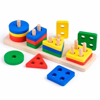 Brinquedo Educativo Encaixe Formas Geométricas Multicoloridas em Madeira MDF, Jogo Pedagógico Infantil 3+, 4 Colunas Premium