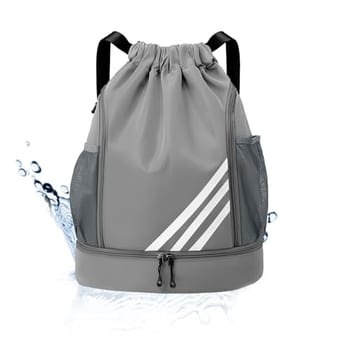 Mochila Esportiva com Cordão, Separação seca e húmida, Mochila de grande capacidade para viagens de lazer, Bolsos Laterais em Malha, Preto com Listras