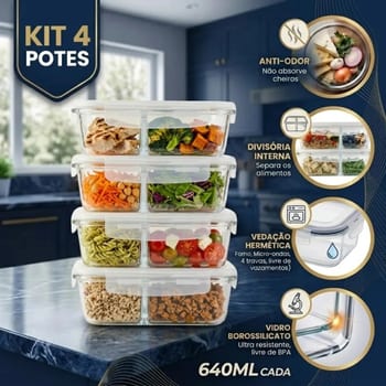Kit 4 Potes de Vidro com Divisória 640ml Hermético Fitness Refratário Pítia